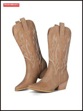Embroidered Cowboy Boots Faux Leather Chunky Heel Western Fes